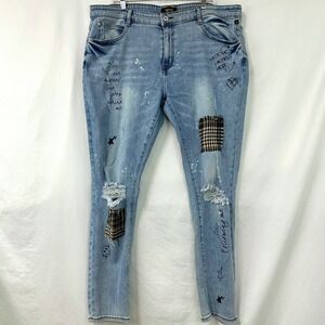 KLEEP Light Wash Denim Streetwear Stacked Skinny Jeans Distressed Patched Men 42
